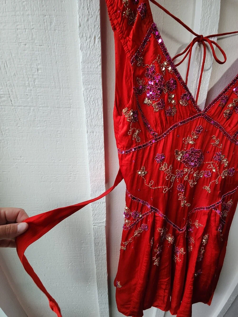 FREE PEOPLE Bali Juliet Embroidered Mini Dress In Tropic Red Size XS
